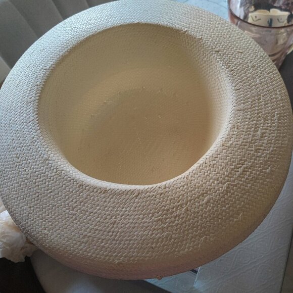 White Summer Straw Hat with a pink floral spray and a gossamer ribbon 12.5" x 22 - Picture 3 of 10